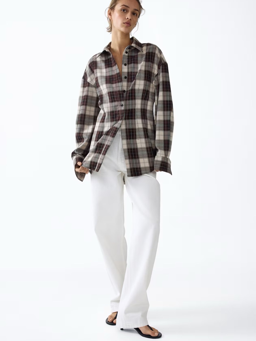 H&M Defined Waist Plaid Button-Up Shirt Jacket in Brown & Cream - NWT